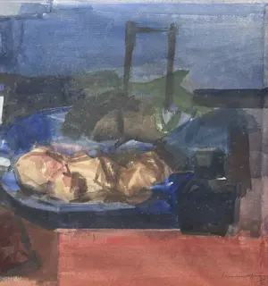 Theodoor Heynes - aquarel op papier | 'Stilleven met blauwe schaal' (INGELIJST) kopen? Bied vanaf 20!