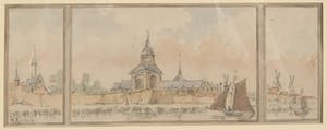 Charles Leickert - Aquarel en potlood, Vue en Tryptique d'une ville Hollandaise - Ingelijst kaufen? Bieten Sie von 200!