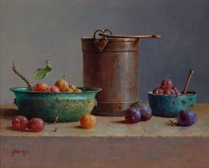 Hans Habraken - Oud keteltje en 2 schalen met pruimen. kopen? Bied vanaf 750!