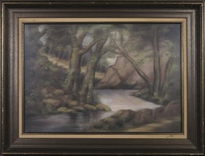 Niet of onleesbaar gesigneerd - Pasteltekening, Landschap met bomen, rots en water - Ingelijst kopen? Bied vanaf 1!