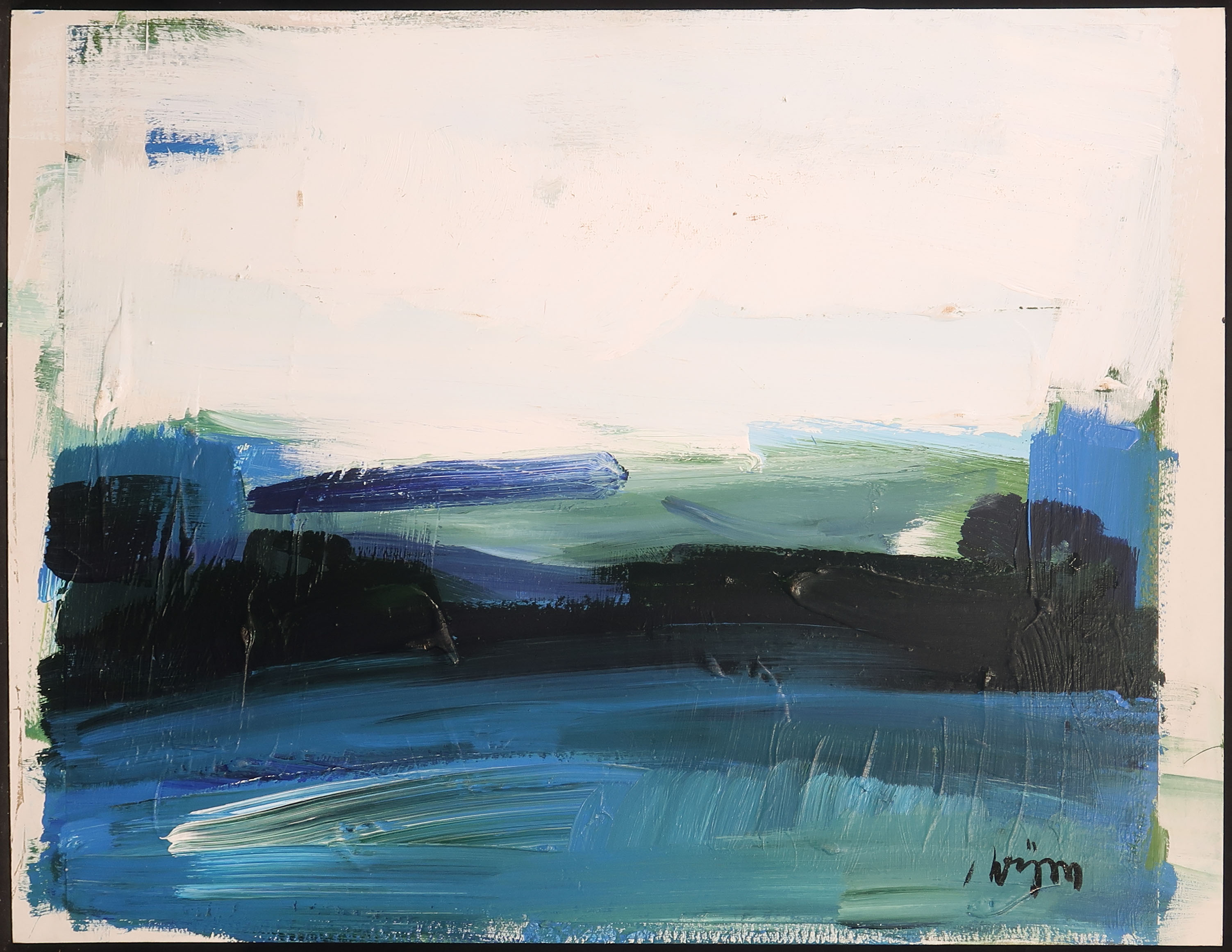 Wijm Bos - Olieverf op karton, Compositie van wit, blauw en zwart verkocht voor € 35!