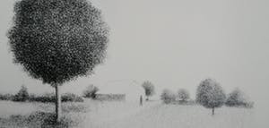 Metten Koornstra - Man bij schuur en bomen kopen? Bied vanaf 35!