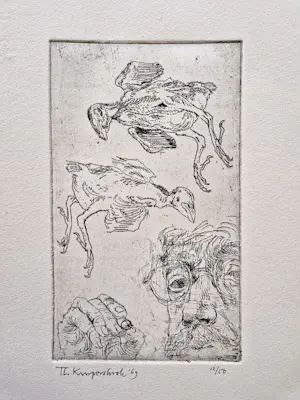 Theo Kurpershoek - Gedetailleerde ets uit 1969 - zelfportret met vogels - kleine oplage (50) kaufen? Bieten Sie von 31!