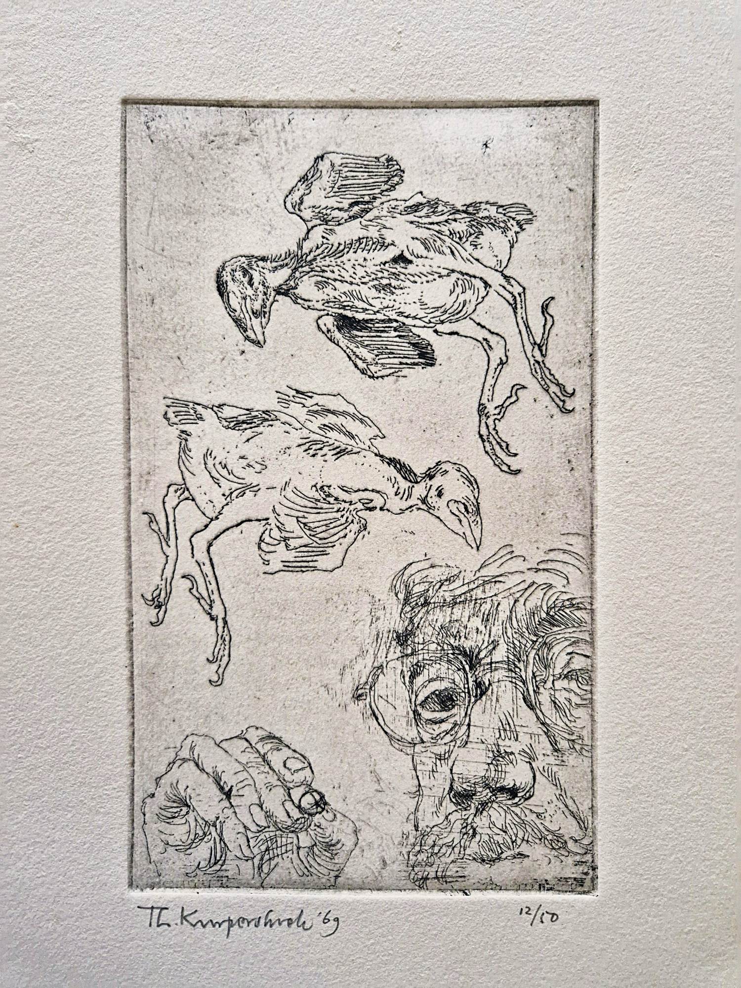 Theo Kurpershoek - Gedetailleerde ets uit 1969 - zelfportret met vogels - kleine oplage (50) kopen? Bied vanaf 31!