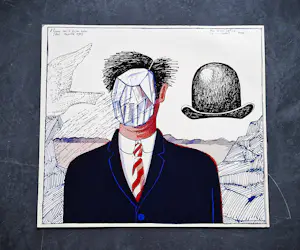 Hannes Postma - 1970 polychrome zeefdruk / serigrafie- man met dophoed (vrij naar Margritte) kopen? Bied vanaf 29!