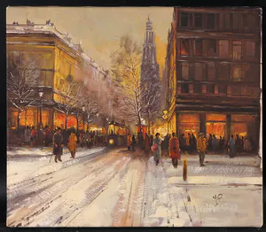 Jan Beaufort - Olieverf op doek, Modern stadsgezicht met figuren kopen? Bied vanaf 1!