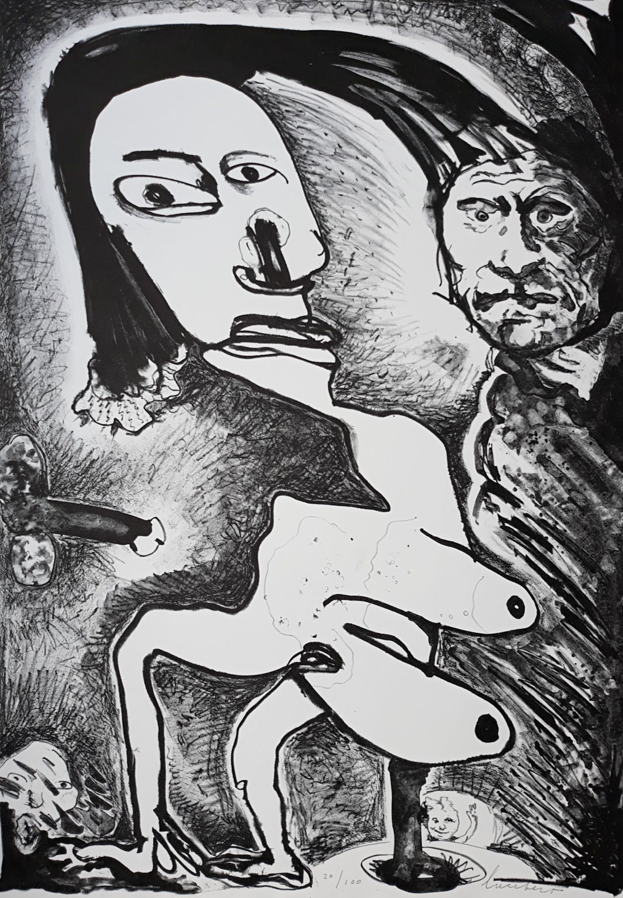 Lucebert - Naakte vrouw en voyeur, litho verkocht voor € 195!