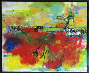 Tino Lintelo - Olieverf op doek, Rood landschap - Ingelijst (Groot) verkocht voor € 200!