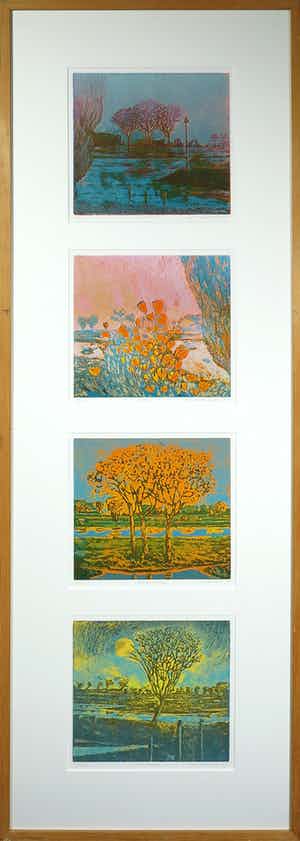 Elmar Gille - Aquatint, Jaargetijden maart, juni, september, december - Ingelijst (Groot) verkocht voor € 1!