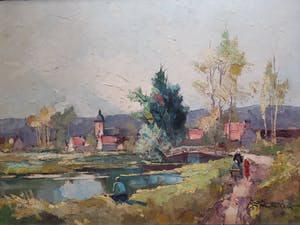Niet of onleesbaar gesigneerd - Dorpszicht met visser aan rivier kopen? Bied vanaf 1!