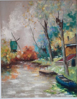 Jan Staats Kiewiet - pseud. Jeska - molen en boot aan het water - pastel kopen? Bied vanaf 65!