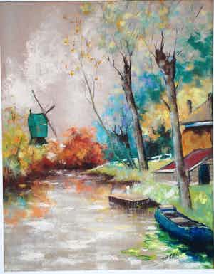 Jan Staats Kiewiet - pseud. Jeska - molen en boot aan het water - pastel verkocht voor € 65!