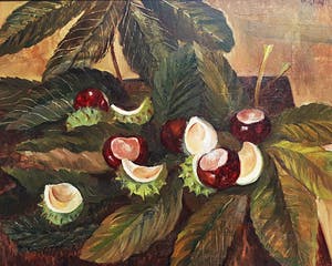 Jeanne Bieruma Oosting - Kastanjes op bladeren, olieverf op paneel (mooi ingelijst) kopen? Bied vanaf 1000!