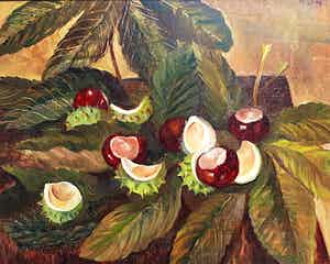 Jeanne Bieruma Oosting - Kastanjes op bladeren, olieverf op paneel (mooi ingelijst) verkocht voor € 1000!