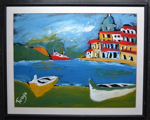 Niet of onleesbaar gesigneerd - Bootjes aan de kust - kleurig werk - gesigneerd kopen? Bied vanaf 10!