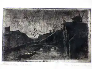 Eduard Karsen - Kanaal bij een molen bij nacht - Ets vendu pour 105€ !