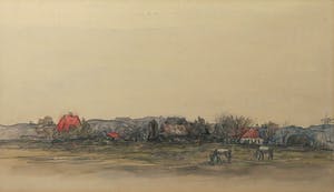 Niet of onleesbaar gesigneerd - Ingekleurde potloodtekening, Dorpsgezicht - Ingelijst kopen? Bied vanaf 1!