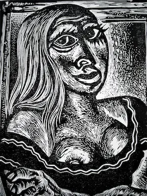 Lou Strik - Grote Hout/Linosnede zelfportret "Mona Lousa" gesigneerd kopen? Bied vanaf 37!