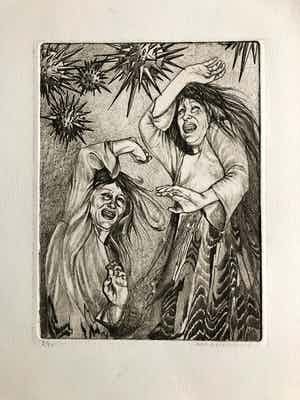 Ada Breedveld - Surrealistische ets twee vrouwen belaagd verkocht voor € 50!