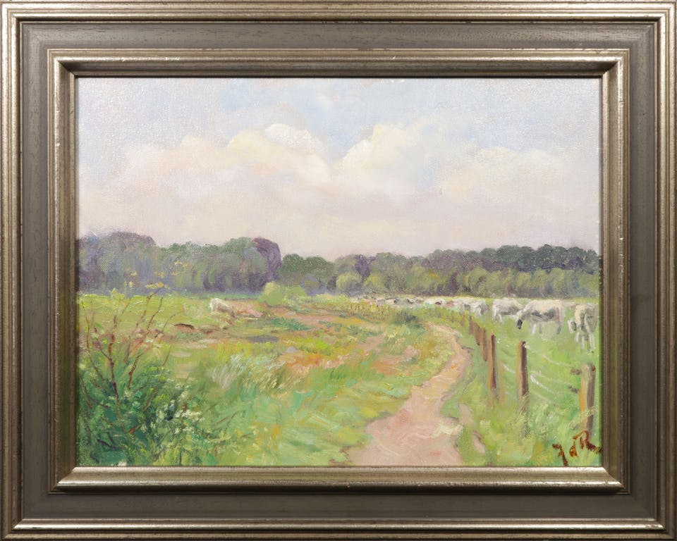 Jaap de Ruig - Jaap de Ruig: Olieverf op doek, Weiland aan de Eem - Ingelijst verkocht voor € 95!