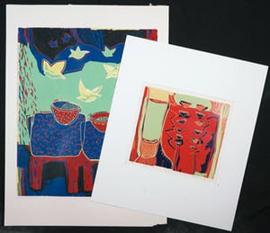 Diana van Hal - Lot van twee linosnedes, De Val en Rode Schalen kopen? Bied vanaf 35!