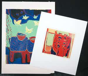 Diana van Hal - Lot van twee linosnedes, De Val en Rode Schalen verkocht voor € 35!