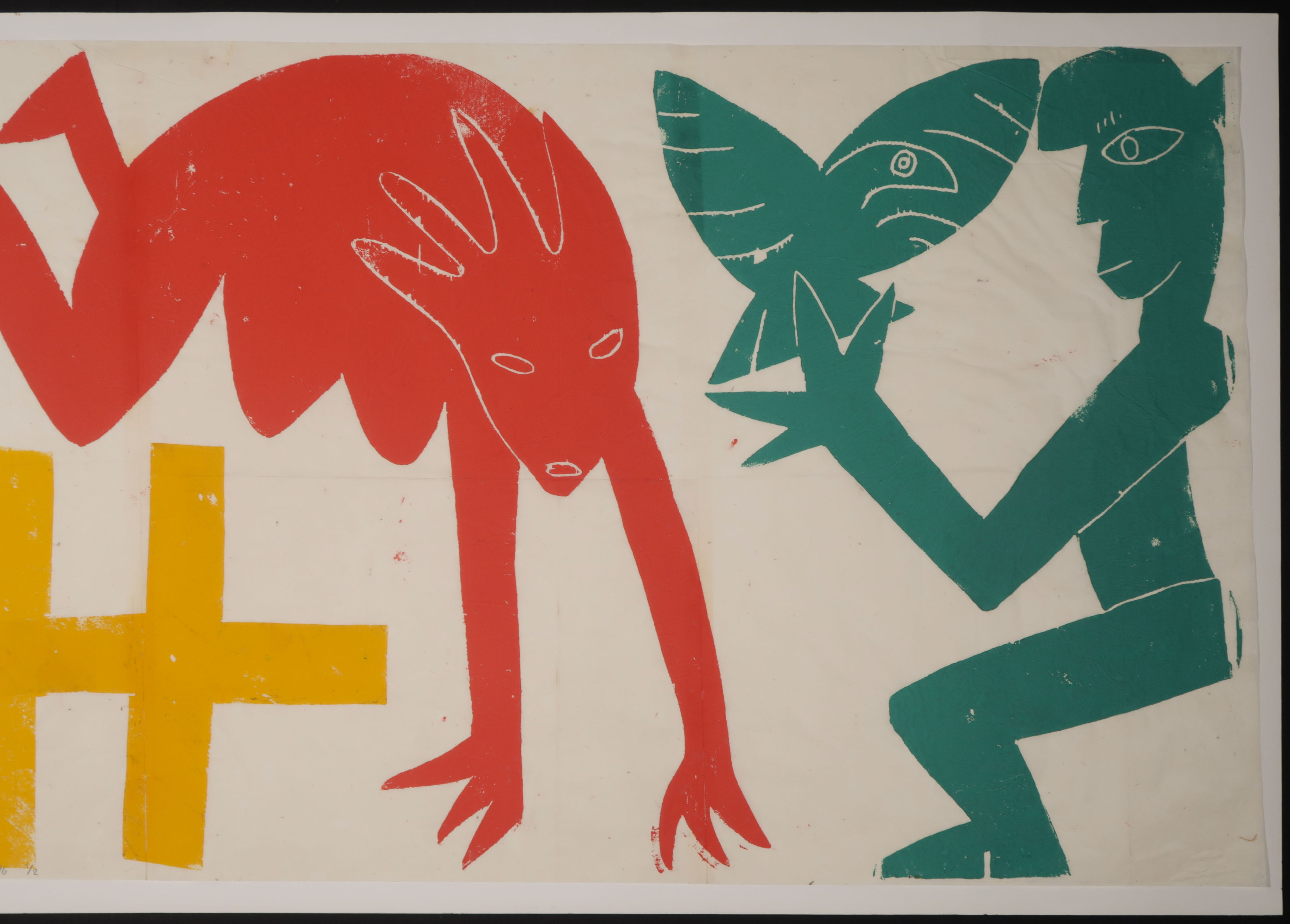 Johan Lubbers - Houtsnede, Haas vrouw en man met vogel (Zeer groot) kopen? Bied vanaf 35!