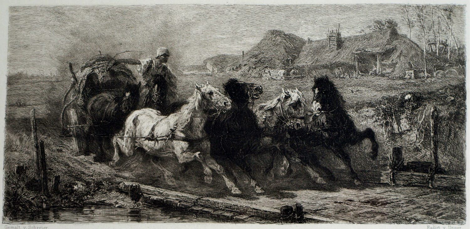William Unger - Ets naar een schilderij van Adolf Schreyer , Wallachisches Fuhrwerk – ca 1880 verkocht voor € 10!