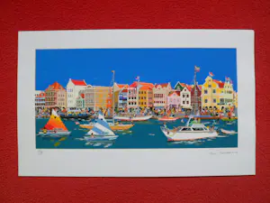 Fred Breebaart - Zomers zicht op kade de van Curaçao. Prachtige kleuren.Naïeve kunst. kopen? Bied vanaf 125!