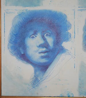 De Kunstfabriek - Rembrandt, zelfportret 4x in blauw - groot olieverfschilderij kopen? Bied vanaf 195!