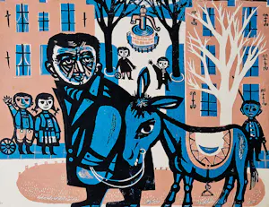 Willem Hoogeveen - leuke naieve kleuren lithografie "man met ezel in stad" zeer kleine oplage kopen? Bied vanaf 38!