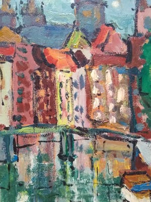 Niet of onleesbaar gesigneerd - Expressionistisch stadsgezicht te Amsterdam kopen? Bied vanaf 10!