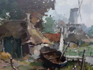 Harry Zeegers - Poldergezicht met bootjes en Molen - Harry Zeegers kopen? Bied vanaf 95!