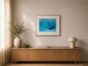 Buy Danielle van Broekhoven - drie artisjokkenknoppen in een diepblauwe, abstracte compositie? Bid from 50!