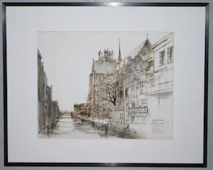 Otto Dicke - Dordrecht, Voorstraatshaven met Grote kerk - klasse tekening [1981] kopen? Bied vanaf 135!