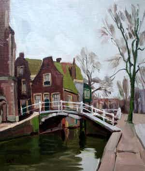 Edzard Koning - olieverf op doek op board - stadsgezicht Delft verkocht voor € 275!