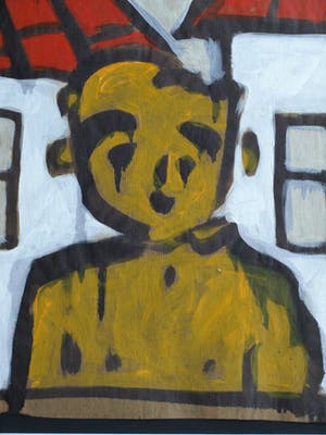 Bart Drost - Ingelijst, acryl op bitumenpapier (pakpapier) , Voor 2 huisjes – ca. 1991 kopen? Bied vanaf 50!