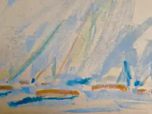 Jan Stroosma - "Schilder van Ameland" kleurige pasteltekening "zeilboten" met atelierstempel verkauft für € 50!