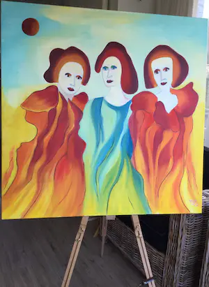 Maartje Wijngaarden - "drie vrouwen" | surrealistisch schilderij (Groot) kopen? Bied vanaf 115!