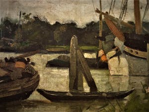 Niet of onleesbaar gesigneerd - Ongesigneerd impressionistisch olieverf "Afgemeerde boot in Polderlandschap" kopen? Bied vanaf 10!