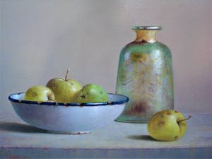 Hans Habraken - Stilleven oude fles en emaillen schaal appels kopen? Bied vanaf 450!