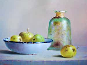 Hans Habraken - Stilleven oude fles en emaillen schaal appels verkocht voor € 450!