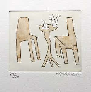 Klaas Gubbels - ets met aquarel ingekleurd - ‘Interieur met servies’ - 2004 verkocht voor € 245!