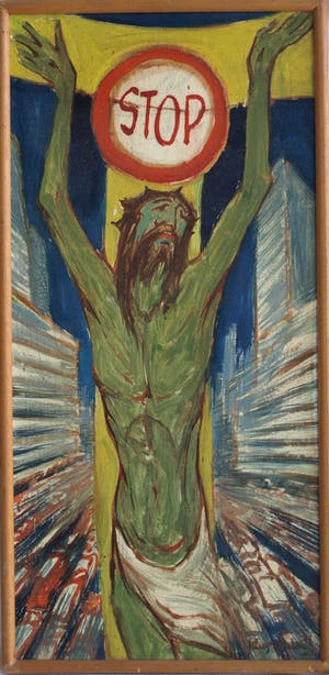 Klaas Pijlman - Olieverf op paneel , Jezus: “STOP” – gesigneerd – ca 1970 kopen? Bied vanaf 50!