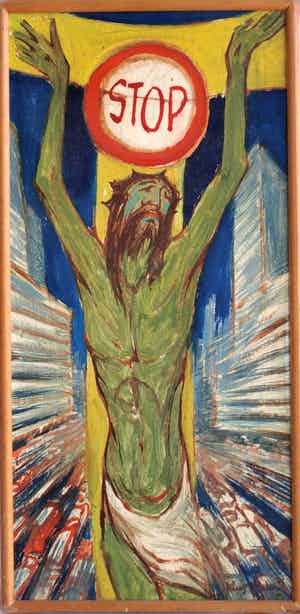 Klaas Pijlman - Olieverf op paneel , Jezus: “STOP” – gesigneerd – ca 1970 verkocht voor € 50!