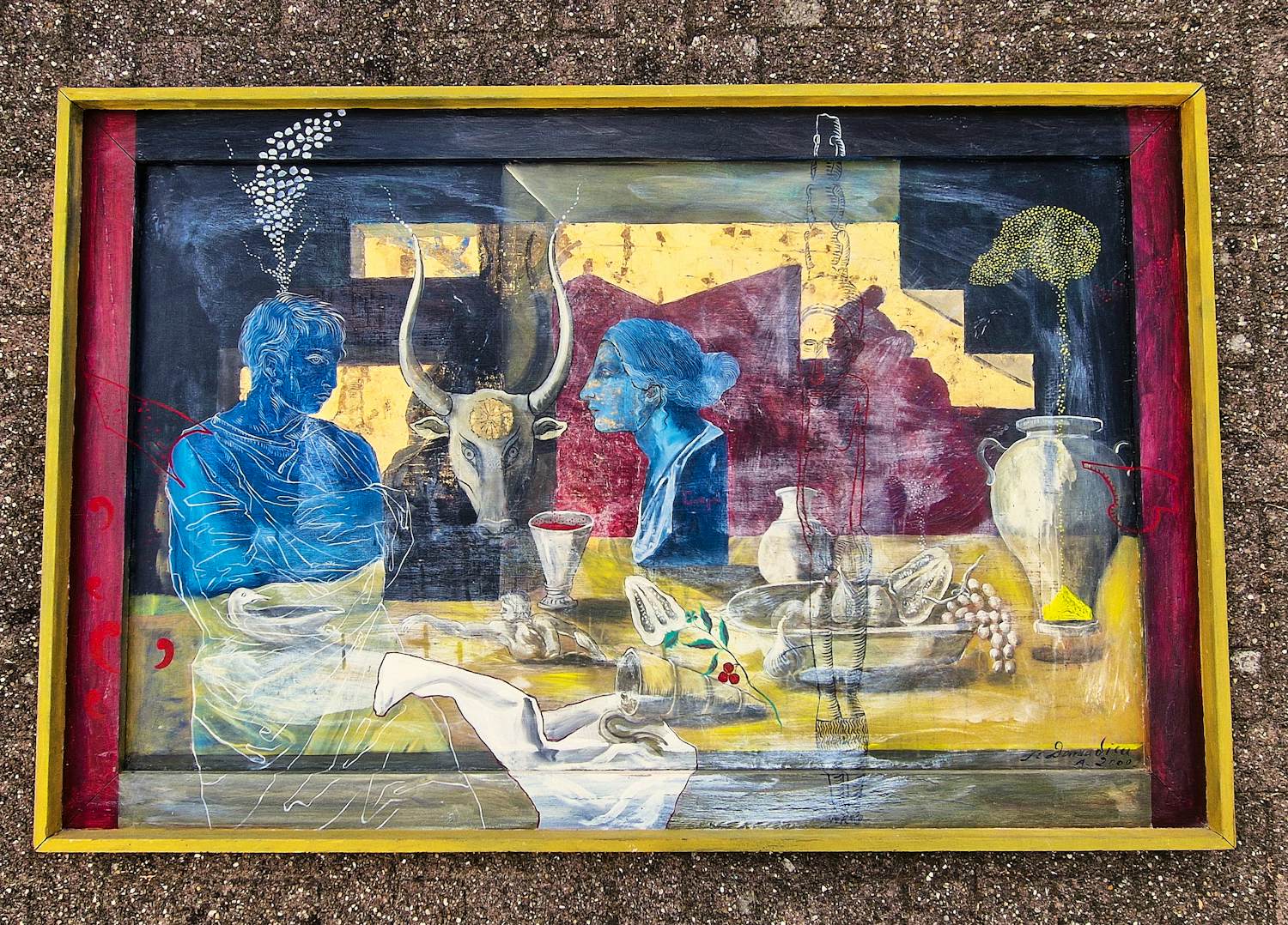 Jean-Christophe Donnadieu - Mega groot olieverf "nature morte aux buste bleu" gesigneerd verkocht voor € 91!