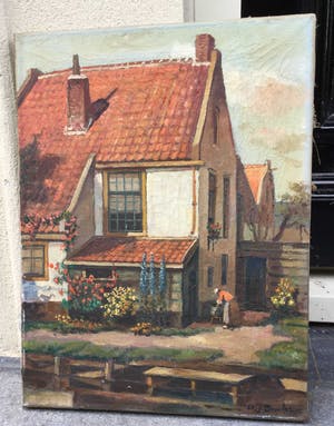 Niet of onleesbaar gesigneerd - C3653-3 - Boerin in tuin bij boerderij kopen? Bied vanaf 1!