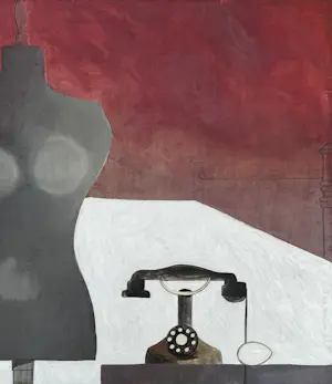 Robert Detheux - Der Schläfer und die Schaufensterpuppe – Großes surrealistisches Gemälde aus dem Jahr 1957 kopen? Bied vanaf 800!