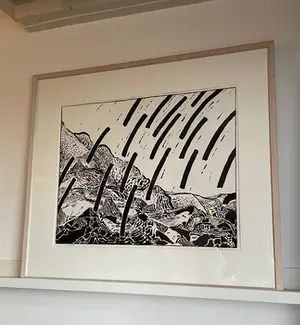 Pieter Holstein - Grote zeefdruk, Zonder titel (Lanschap met regen) - ingelijst kopen? Bied vanaf 80!