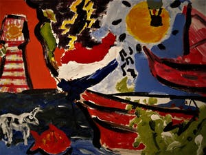 Niet of onleesbaar gesigneerd - Groot expressionistisch CoBrA stijl Acrylverf - "Gezicht op Texel" gesigneerd kopen? Bied vanaf 10!